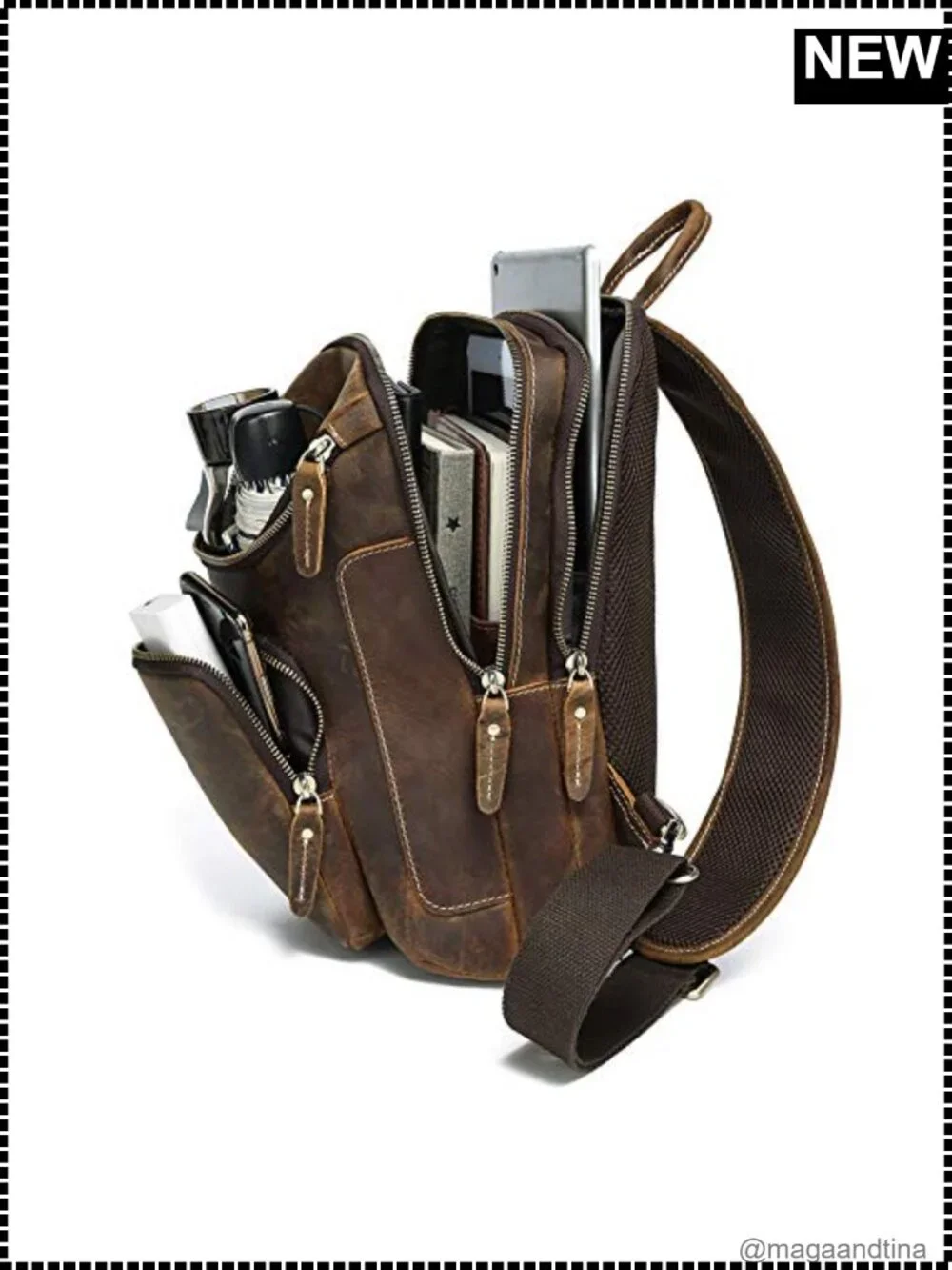 Full Grain Leather Sling Bag Crossbody Chest Daypack Hiking Travel